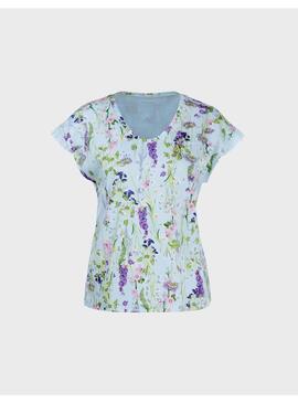 Camiseta Marccain Estampado Floral Azul Mangas Tul Para Muje