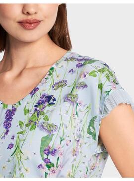 Camiseta Marccain Estampado Floral Azul Mangas Tul Para Muje