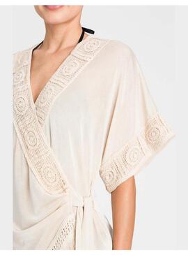 Poncho TwinSet Encaje Flecos Beige