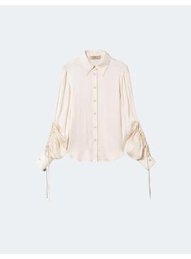 Blusa Twinset Manga Fruncida Beige Para Mujer