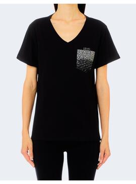 Camiseta Liu Jo negra bolsillo pedrería para mujer