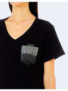 Camiseta Liu Jo negra bolsillo pedrería para mujer