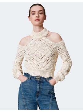 Jersey twinset crochet beige para mujer
